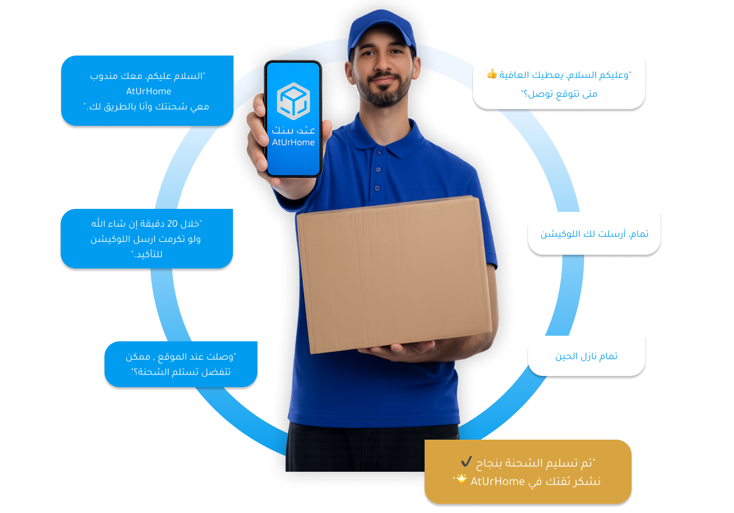 Delivery man showcasing AtUrHome app